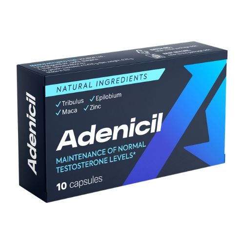 Adenicil-Packung mit dunkelblauem Design und türkisblauen Akzenten